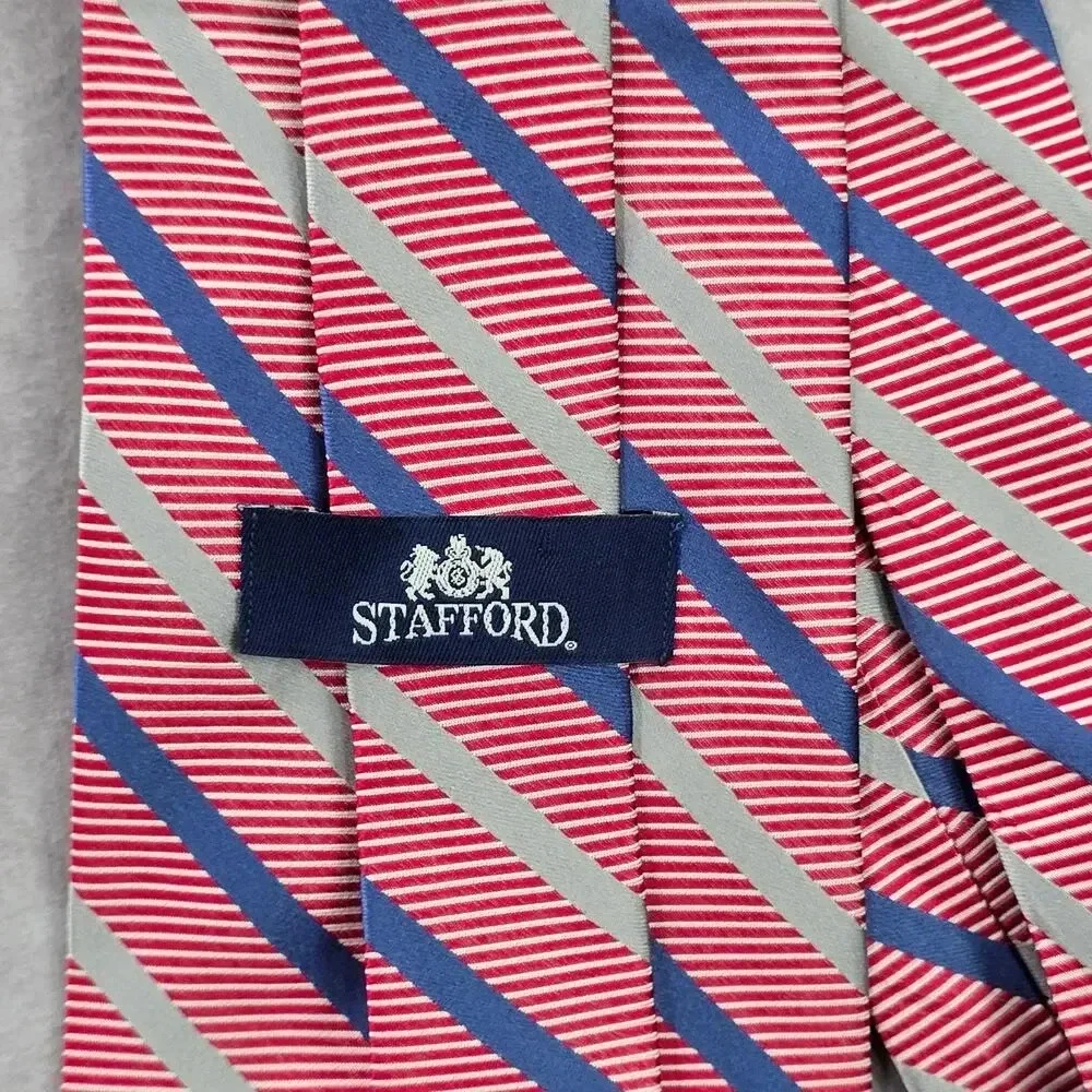 Stafford Red Blue Silver Stripe Repp Geometric 100% Silk Men's Neck‎ Tie NWOT
